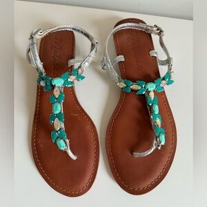 Matisse Anthropologie Silver and Green Jewel Embellished T Strap Thong Sandals 8